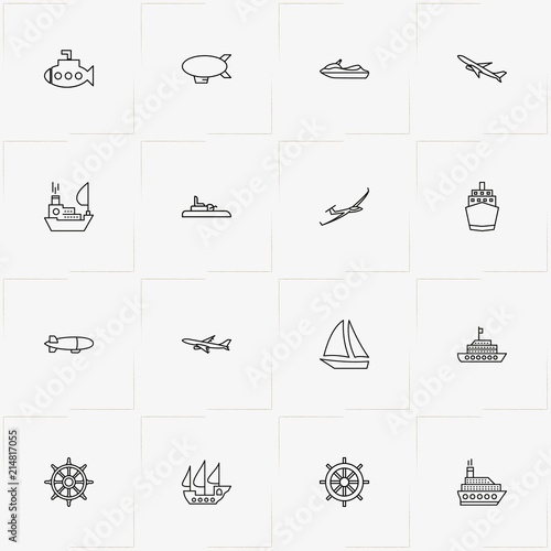 Air And Water Transport line icon set with airplane, airship and submarine