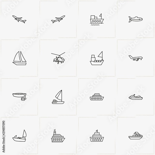 Air And Water Transport line icon set with helicopter, ship and airplane