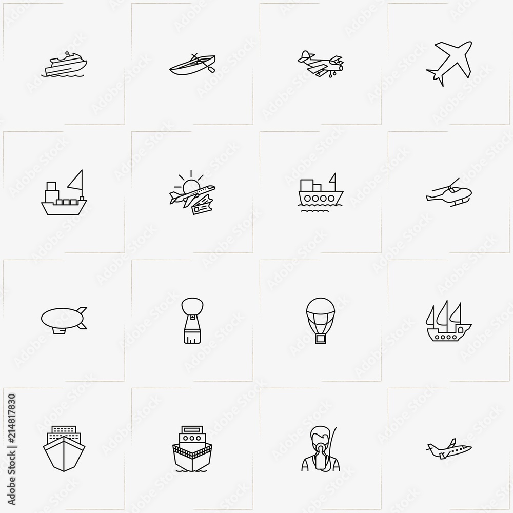 Air And Water Transport line icon set with airplane, air balloon and ship