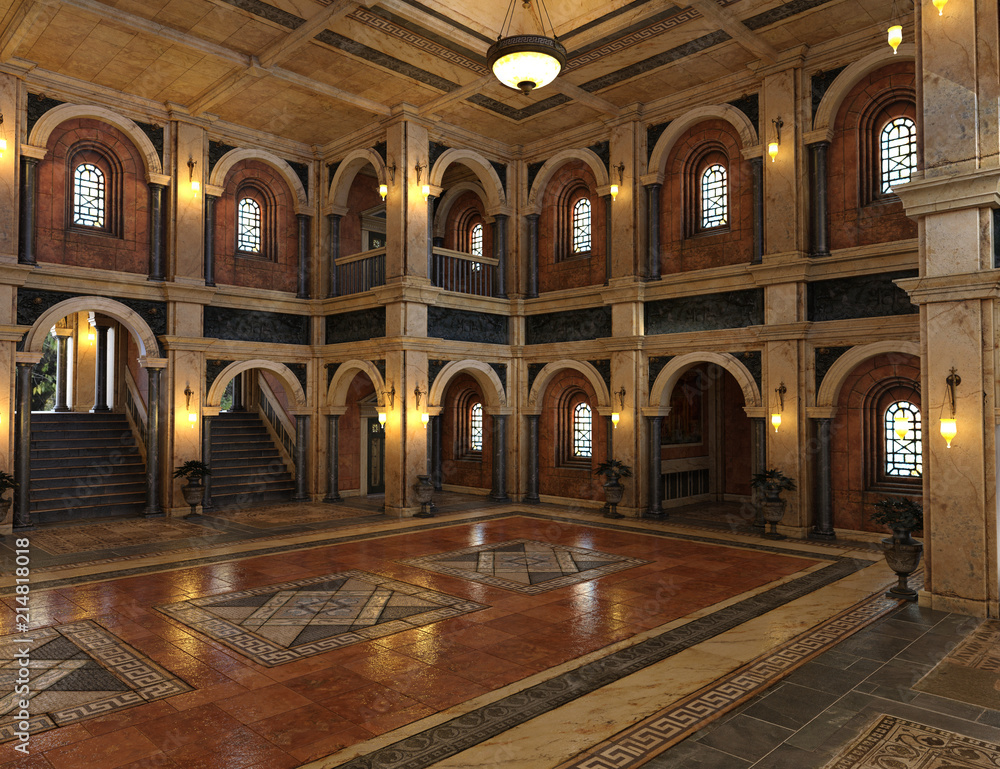 3d render of a luxury palace interior decorated with black and golden marble