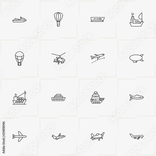 Air And Water Transport line icon set with boat, airship and airplane