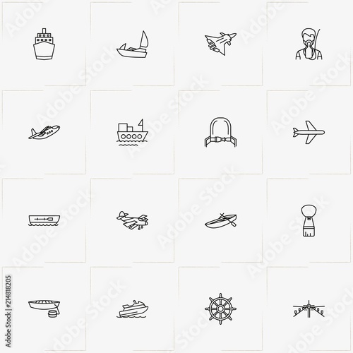 Air And Water Transport line icon set with airplane oxygen mask, safety belt and water scooter
