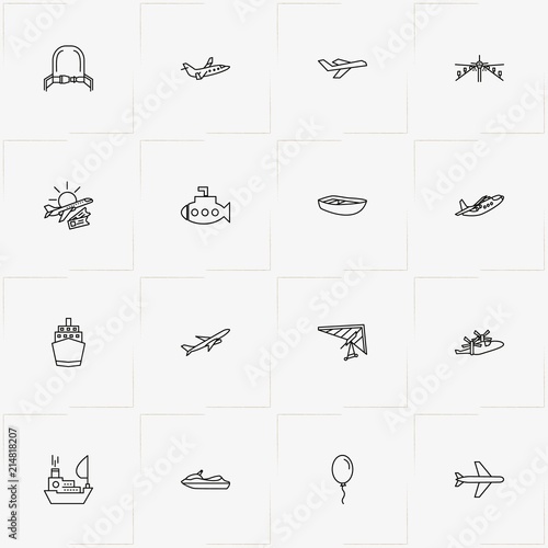 Air And Water Transport line icon set with submarine, water scooter and air balloon