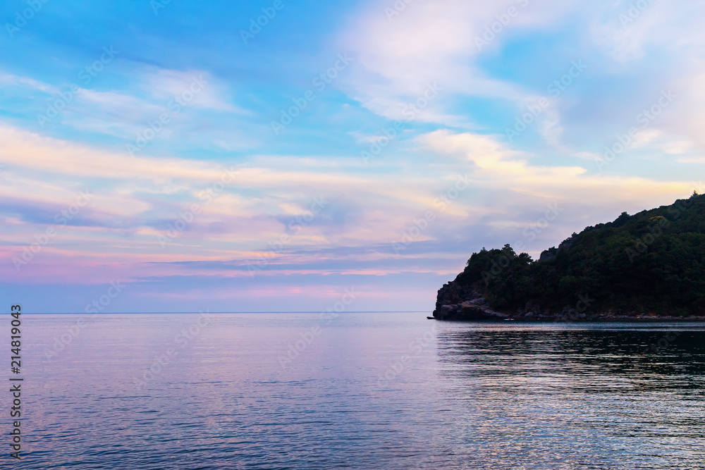 Gorgeous seascape of Adriatic sea near Budva city, awesome landscape after sunset in Montenegro