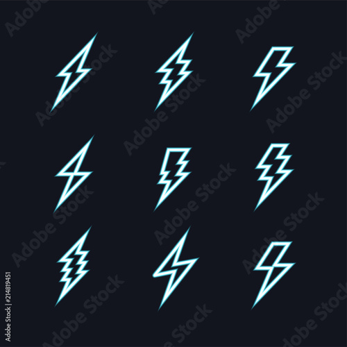 set of the bolts of lightning. Vector neon flash icons. Thunder elements. Flat design.