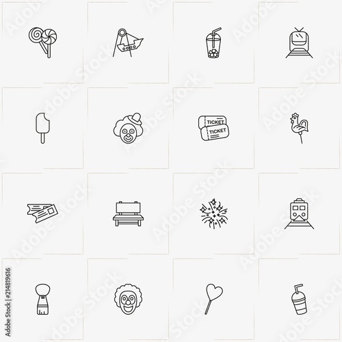 Amusement Park line icon set with bench, clown and air balloon