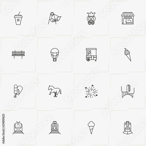 Amusement Park line icon set with train, horse swing and stall