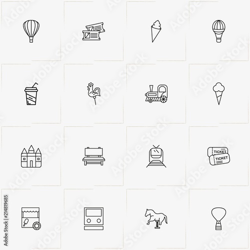 Amusement Park line icon set with castle, air balloon and lollipop