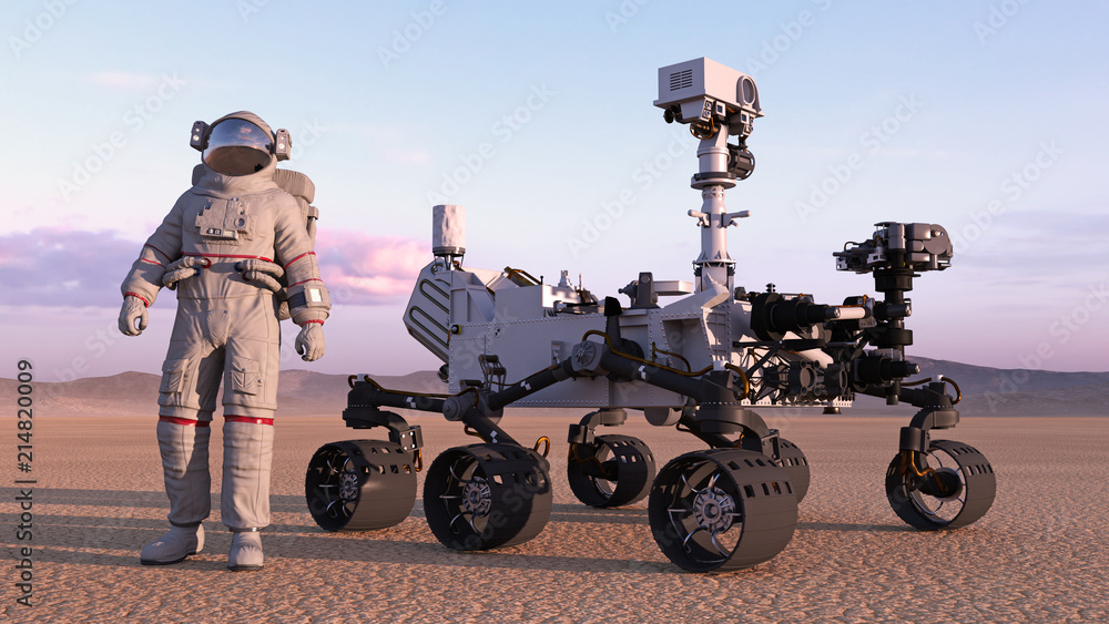 Obraz premium Astronaut with mars rover, cosmonaut standing next to robotic space autonomous vehicle on a deserted planet, 3D rendering