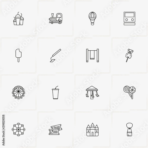 Amusement Park line icon set with train, air balloon and lollipop