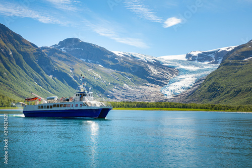 Ferry to Svartisen glacier seen from route Fv17, Norway photo
