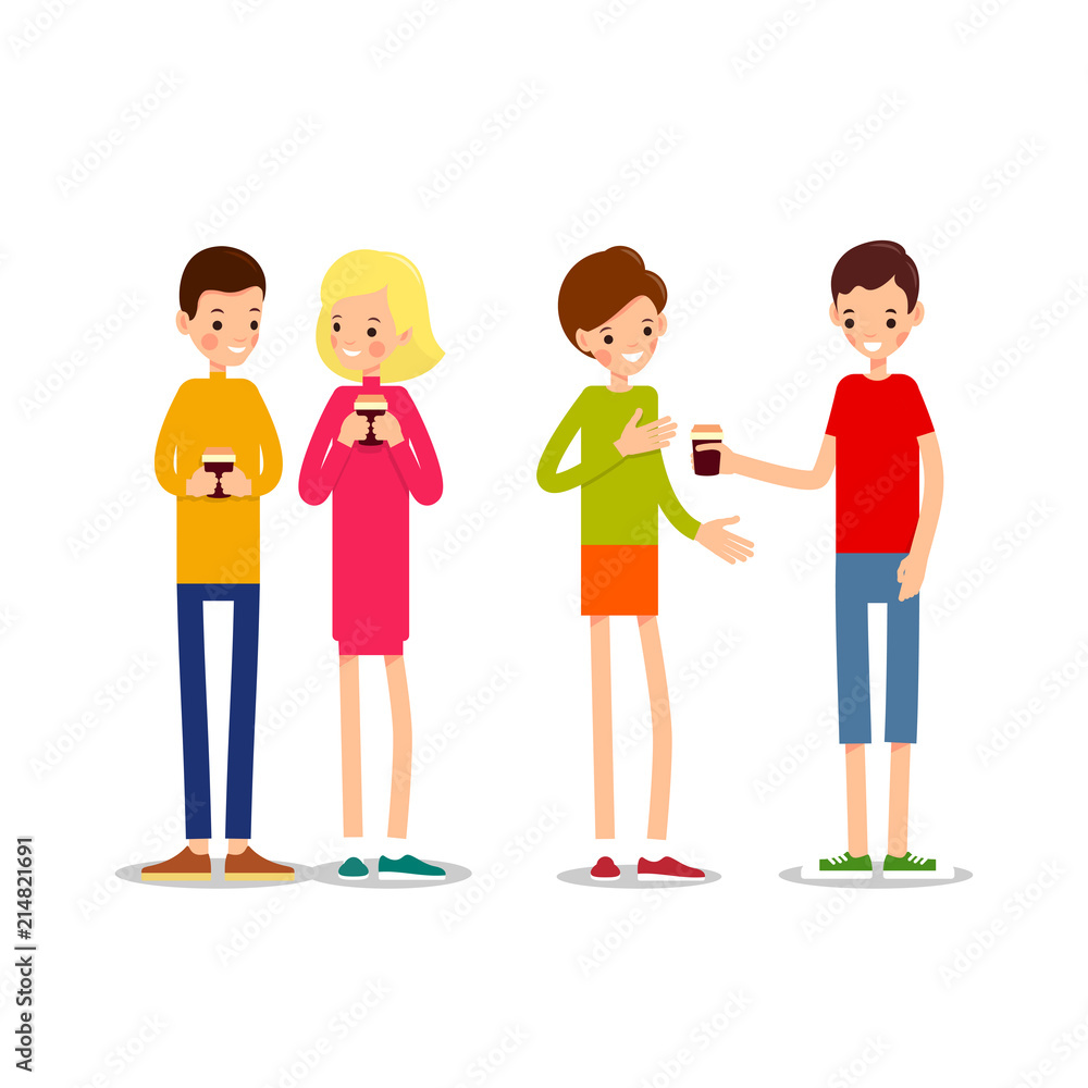 Drinking coffee. Man and woman are standing and drinking hot drink. Illustration in flat style. Modern people of drinking coffee. Isolated Drinking coffee. Man and woman are standing and drinking hot drink. Illustration in flat style. Modern people of drinking coffee. Isolated