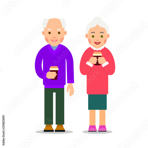 Old people drinking coffee. Elderly persons, man and woman standing and holding coffee cups. Cartoon illustration isolated on white background in flat style