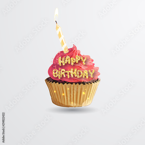Cupcake. Sweet birthday cake with candle lit. Happy birthday