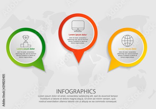 Modern vector illustration 3D. Infographic template with three elements, drops and text. Step by step. Design for business, presentations, web design, diagrams with 3 steps