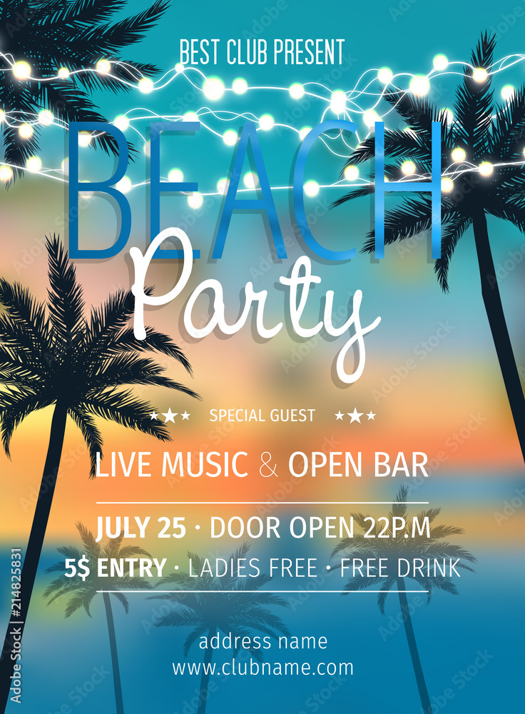 Fototapeta premium Summer party invitation template invitation. Beach party invitation with umbrellas. Poster or flyer Summer party vector design.