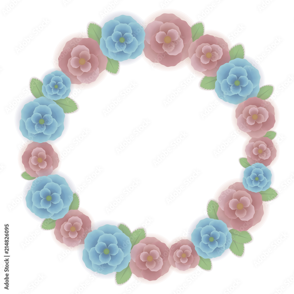 Pink-blue vector floral wreath with green leaves and shadow object isolated on white background.