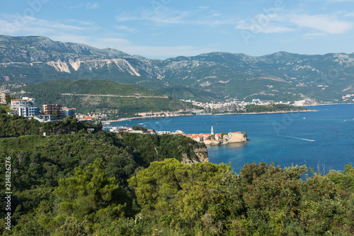 Panoramic view of the Budva Riviera from the observation deck of the fortress of the Old Town. Budva. Montenegro.