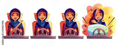 Arab woman driving car vector illustration of modern rich girl in Saudi Arabia hijab with not fastened seatbelt, talking on phone and get into accident with automobile crash and safety airbag