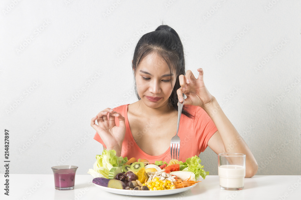  Woman does not like vegetable. Unhappy woman  does not like healthy food, Emotional face.