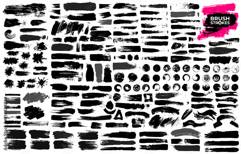 Big Set of black paint, ink brush strokes, brushes, lines, grungy. Dirty artistic design elements, boxes, frames. Freehand drawing. Vector illustration. Isolated on white background