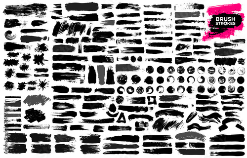 Big Set of black paint  ink brush strokes  brushes  lines  grungy. Dirty artistic design elements  boxes  frames. Freehand drawing. Vector illustration. Isolated on white background