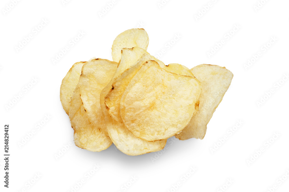 Potato chips isolated on white background close-up. Potato chips isolated on white background close-up.