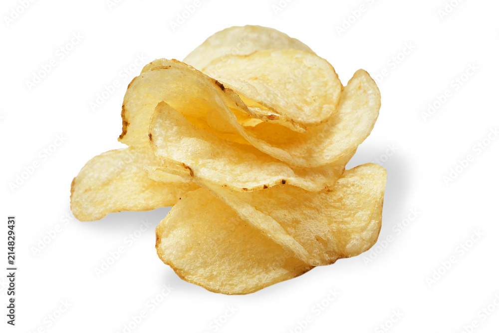 Potato chips isolated on white background close-up. Potato chips isolated on white background close-up.