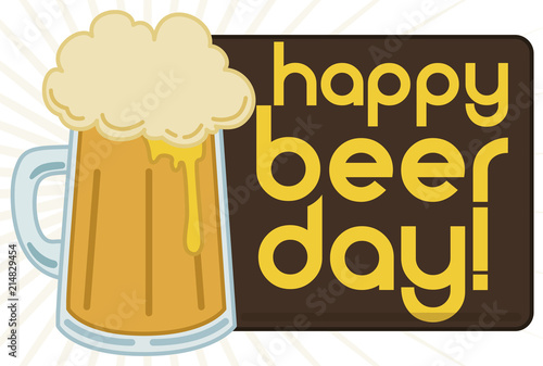 Delicious Mug with Frothy Beer and Greeting for Beer Day, Vector Illustration