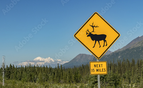 Caribou Crossing road sign with Denali (formerly Mount McKinley) in the background, on a highway in Denali National Park and Preserve in Alaska, USA in summertime. photo