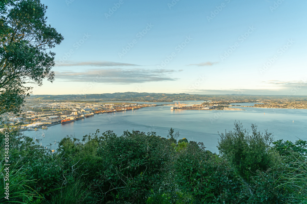 Tauranga harbour and the port wharves with distant hills