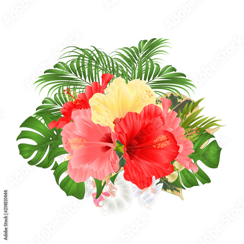 Bouquet with tropical flowers floral arrangement, with red pink and yellow hibiscus and white orchid palm,philodendron vintage vector illustration editable hand draw