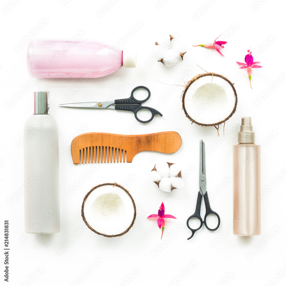 Hair care composition. Coconut, brush, scissors on white background, flat lay, top view Hair care composition. Coconut, brush, scissors on white background, flat lay, top view