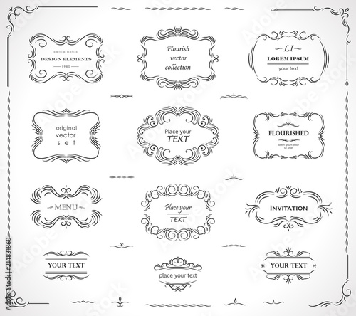 Set of flourish frames, borders, labels. Collection of original design elements. Vector calligraphy swirls, swashes, ornate motifs and scrolls. 