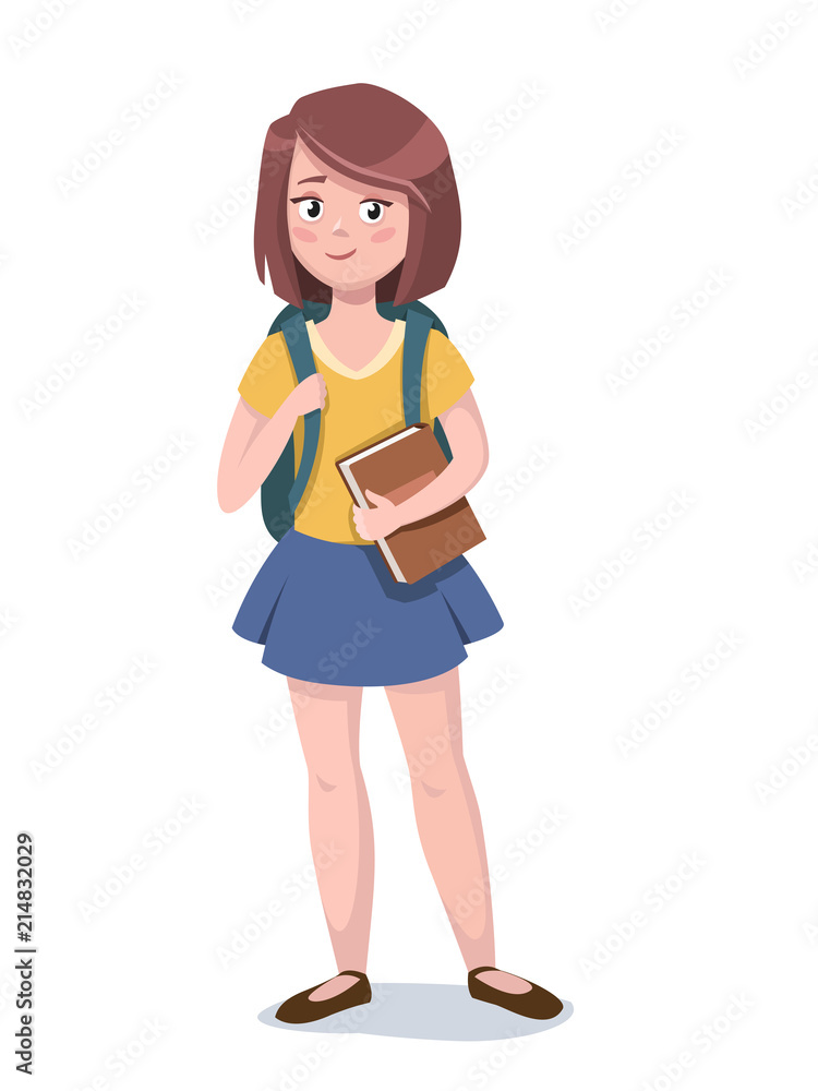 Cute school girl is standing with a book. Vector illustration. Cute school girl is standing with a book. Vector illustration.