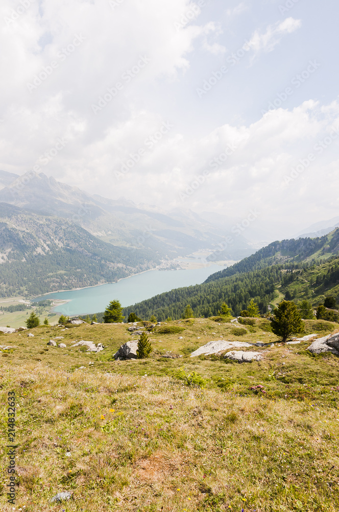 Sils, Silvaplanersee, Seenplatte, Silvaplana, Furtschellas, Wanderweg, Marmorè, Piz Julier, Alpen, Graubünden, Sommer, Schweiz