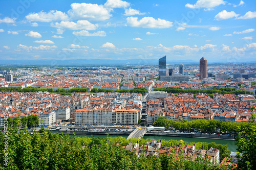 Skyline of Lyon, France, from Fourviere Hill with the Saone, old and new towns and the skyscrapers of La Part-Dieu district, including the famous Tour Part-Dieu
