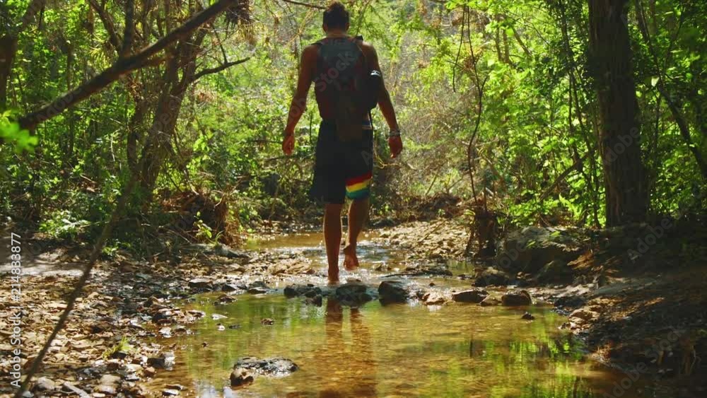 In the shot you can see barefoot guy walking through small stream river. It is a sunny summer day and man is exploring jungle forest at Christoffel park, Curacao In the shot you can see barefoot guy walking through small stream river. It is a sunny summer day and man is exploring jungle forest at Christoffel park, Curacao