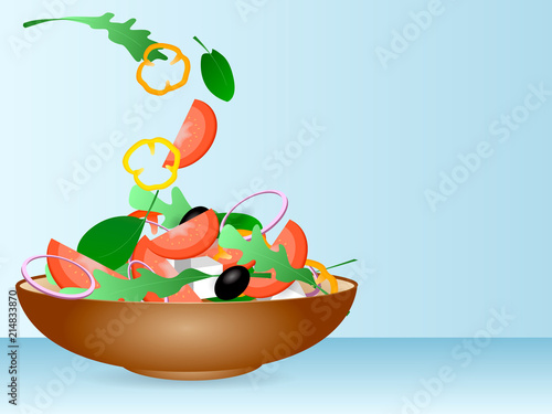 Brown bowl full of vegetarian salad with rucola, black olives, pepper, tomato and cheese standing on a table. Vector illustration