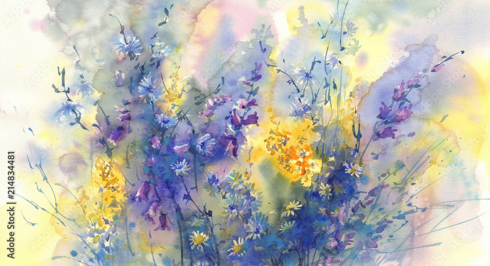 sunny meadow flowers watercolor background - obrazy, fototapety, plakaty 