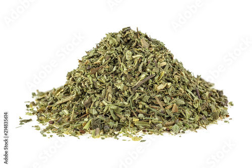 Mixed Italian herb seasoning on a white background
