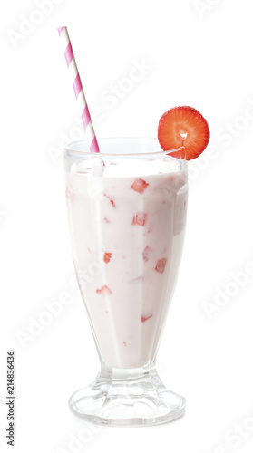 glass of strawberry milk shake isolated on white background