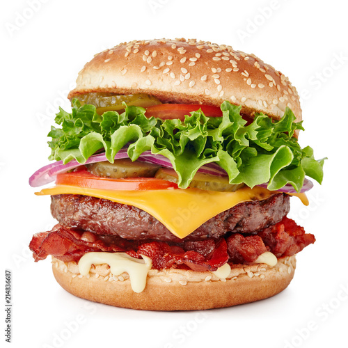 Photographie big fresh burger with cheese and bacon isolated on white background