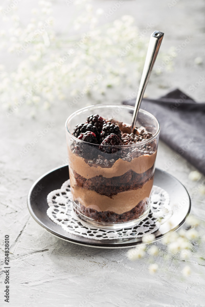 Chocolate layered dessert in a glass with blackberries on grey background Chocolate layered dessert in a glass with blackberries on grey background