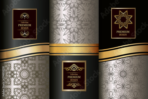 Collection of design elements,labels,icon,frames, for packaging, luxury background. Golden vintage design elements.