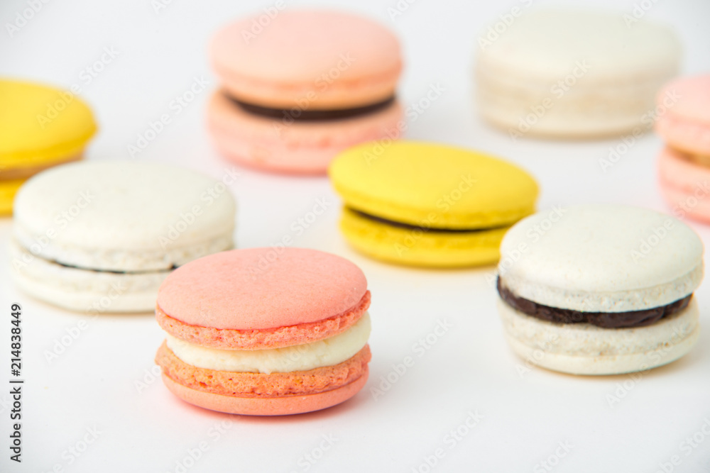 Cake macaron or macaroon isolated on white background, sweet and colorful dessert Cake macaron or macaroon isolated on white background, sweet and colorful dessert