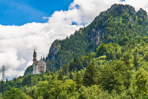 Schwangau, Germany June 10, 2018: Famous Neuschwanstein Castle with scenic mountain landscape near 