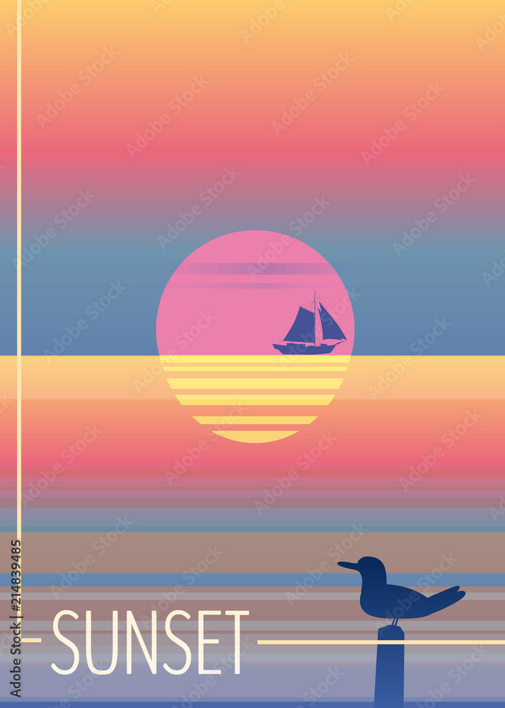 Fototapeta premium Minimalist sunset in the sea, ocean, with a sailboat and seagulls. Summer holidays, flyer, banner, poster, background, vector background. EPS 10