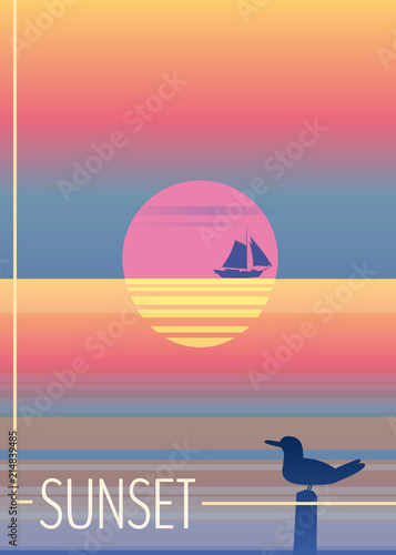 Minimalist sunset in the sea, ocean, with a sailboat and seagulls. Summer holidays, flyer, banner, poster, background, vector background. EPS 10