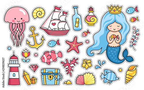 Mermaid and jellyfish, cute sea animals, fish, sea shell, lighthouse, anchor, starfish and treasure chest. Set of cartoon stickers. Doodle style. Vector illustration.